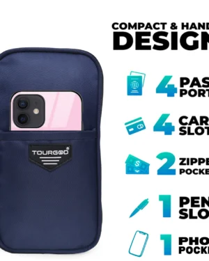 TOURGOD® Premium Passport Organizer – Passport Holder with 4 Passport Pockets, Credit Card Slots, Ticket Slot & Mobile Compartment – Ideal for Secure Man, Women, Family, Holiday & Business Travel (Blue)